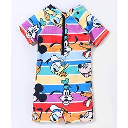 Babyhug Disney Half Sleeves Legged Swimsuit with Mickey Mouse Print - Multicolour