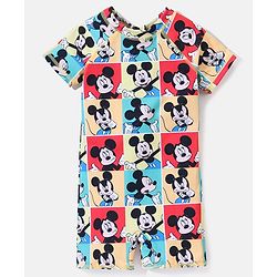 Babyhug Disney Raglan Sleeves Legged Swimsuit With Mickey Mouse Graphics - Multicolour