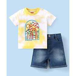 Babyhug Single Jersey Knit Half Sleeve Beach Theme Tie & Dye  T-Shirt and Denim Shorts Set - Yellow & Blue