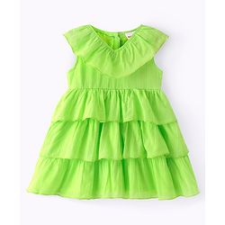 Babyhug Cotton Sleeveless Layered Textured Frock with Frill Detailing - Lime Green