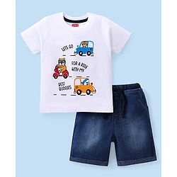 Babyhug Cotton Knit Half Sleeves T-Shirt & Denim Shorts Set With  Animals Print - White & Blue