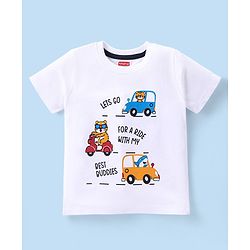 Babyhug Cotton Knit Half Sleeves T-Shirt & Denim Shorts Set With  Animals Print - White & Blue