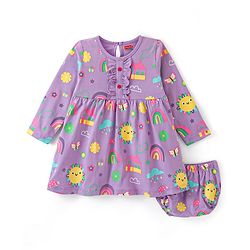 Babyhug Cotton Jersey Knit Full Sleeves Sunshine & Floral Printed Frock with Bloomer - Lavender