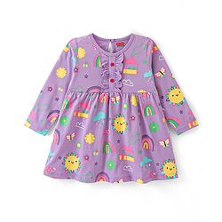Babyhug Cotton Jersey Knit Full Sleeves Sunshine & Floral Printed Frock with Bloomer - Lavender