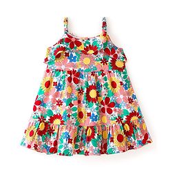 Babyhug 100% Cotton Knit Sleeveless Frock With Floral Print & Frill Detailing- Multicolor