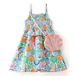 Babyhug Cotton Jersey Knit Singlet Sleeves Frock Shell Print With Sling Bag - White