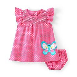 Babyhug Cotton Jersey Knit Frill Sleeves  Frock with Bloomer Polka Dots & Butterfly Print   - Pink