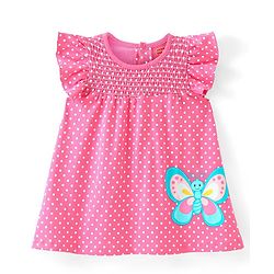 Babyhug Cotton Jersey Knit Frill Sleeves  Frock with Bloomer Polka Dots & Butterfly Print   - Pink