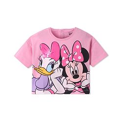 Babyhug Disney Cotton Knit Half Drop Shoulder Sleeves T-Shirt with Minnie Mouse Graphics & Sequin Detailing - Pink