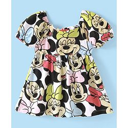 Babyhug Disney Interlock Puffed Sleeves Frock With Disney Minnie Mouse Print - White