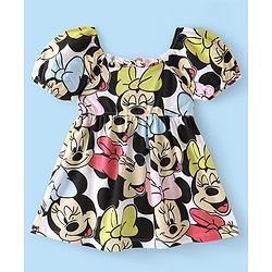 Babyhug Disney Interlock Puffed Sleeves Frock With Disney Minnie Mouse Print - White