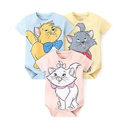 Babyhug Disney Interlock Cotton Knit Half Sleeves Onesies with Aristocat Marie Graphics Pack Of 3 - Multicolour