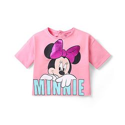Babyhug Disney Cotton Knit Half Sleeves Top with Minnie Mouse Graphics - Pink