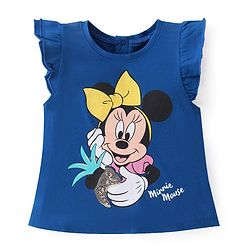 Babyhug Disney Cotton Knit Frill Sleeves Top With Minnie Mouse Print & Sequin Detailing - Blue