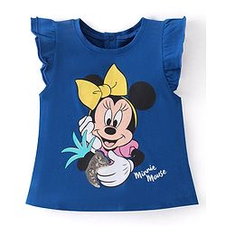 Babyhug Disney Cotton Knit Frill Sleeves Top With Minnie Mouse Print & Sequin Detailing - Blue
