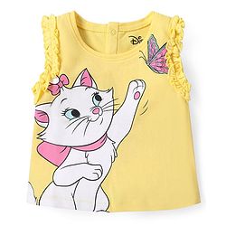 Babyhug Disney Cotton Knit Sleeveless Top with Frill Detailing & Aristocat Marie Graphics - Yellow