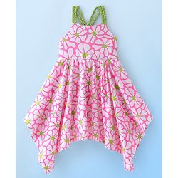 Babyhug Cotton Jersey Singlet Asymmetrical Frock with Floral Print - Pink