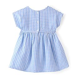 Babyhug Cotton Woven Half Sleeves Checks Frock with Bloomer & Headband Floral Embroidery - Blue