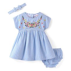 Babyhug Cotton Woven Half Sleeves Checks Frock with Bloomer & Headband Floral Embroidery - Blue