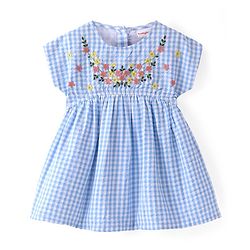 Babyhug Cotton Woven Half Sleeves Checks Frock with Bloomer & Headband Floral Embroidery - Blue
