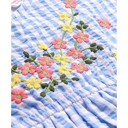 Babyhug Cotton Woven Half Sleeves Checks Frock with Bloomer & Headband Floral Embroidery - Blue
