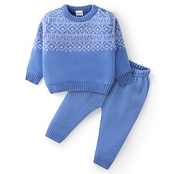 Babyhug Knit Full Sleeves Sweater Set with Aztec Design - Light Blue