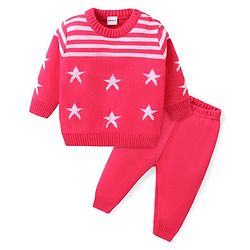 Babyhug Knitted Full Sleeves Sweater Set with Star & Striped Design - Dark Pink