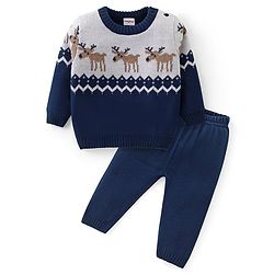 Babyhug Knitted Full Sleeves Sweater Set with Reindeer Design - Navy Blue