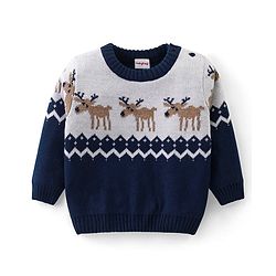 Babyhug Knitted Full Sleeves Sweater Set with Reindeer Design - Navy Blue