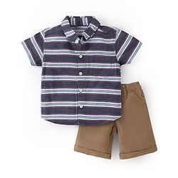 Babyhug Cotton Woven Half Sleeves Striped Shirt & Denim Shorts Set - Blue & Brown