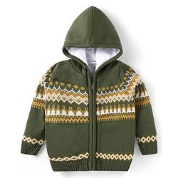 Babyhug Knitted Full Sleeves Front Open Hooded Sweater With Floral Design - Olive Green
