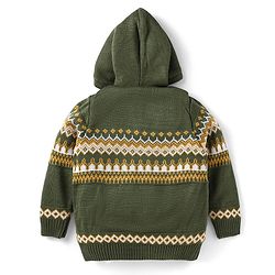 Babyhug Knitted Full Sleeves Front Open Hooded Sweater With Floral Design - Olive Green