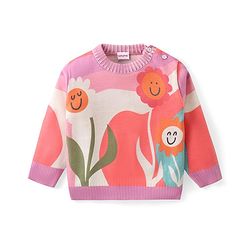 Babyhug Knitted Full Sleeves Pullover Sweater with Floral Design - Multicolour