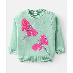 Babyhug Knitted Full Sleeves Pullovers Sweater With Sequin Dragonfly Detailing - Mint