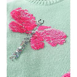 Babyhug Knitted Full Sleeves Pullovers Sweater With Sequin Dragonfly Detailing - Mint