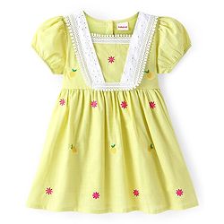 Babyhug Cotton Woven Puffed Sleeves Frock with Floral Embroidery & Lace Detailing - Yellow