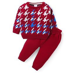 Babyhug Knitted Full Sleeves Sweater Set with Design - Red