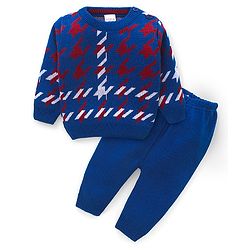 Babyhug Knitted Full Sleeves Sweater Set with Design - Blue