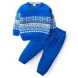 Babyhug Knitted Full Sleeves Sweater Set with Floral Design - Blue