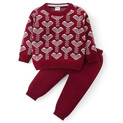 Babyhug Knitted Full Sleeves Pullover Sweater & Pant Set With Hearts Design - Red
