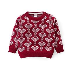 Babyhug Knitted Full Sleeves Pullover Sweater & Pant Set With Hearts Design - Red