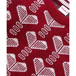 Babyhug Knitted Full Sleeves Pullover Sweater & Pant Set With Hearts Design - Red