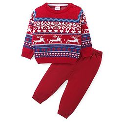 Babyhug Knitted Full Sleeves Sweater Set with Christmas Design - Red