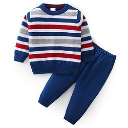 Babyhug Knit Full Sleeves Sweater Set with Stripes Design - Blue