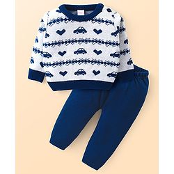 Babyhug Knitted Full Sleeves Sweater Set with Car & Heart Design - White & Navy Blue