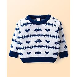 Babyhug Knitted Full Sleeves Sweater Set with Car & Heart Design - White & Navy Blue