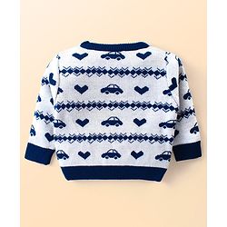 Babyhug Knitted Full Sleeves Sweater Set with Car & Heart Design - White & Navy Blue