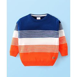 Babyhug Knitted Full Sleeves Pullover Sweater with Stripes & Colour Block Design - Blue White & Orange
