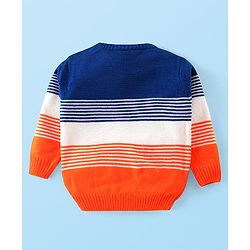 Babyhug Knitted Full Sleeves Pullover Sweater with Stripes & Colour Block Design - Blue White & Orange