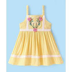 Babyhug Rayon Sleeveless Frock with Floral Embroidery and Lace Detailing - Yellow